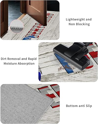 Miniatura 2 de Tapete para puerta delantera, antideslizante, absorbente, largo, para entrada, para interiores y exteriores, tapete de madera con bandera