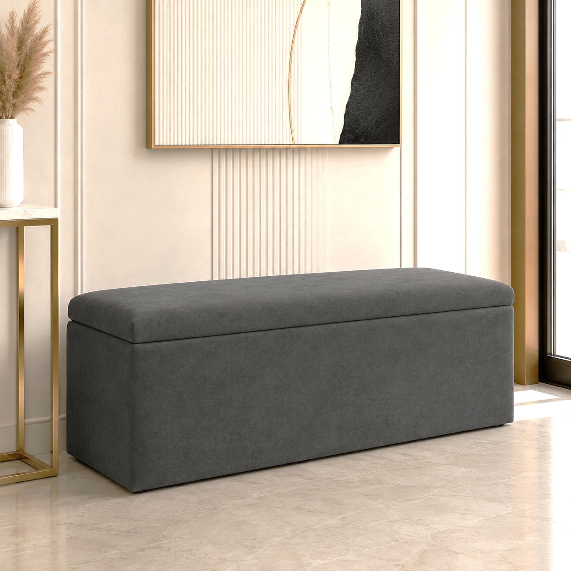 Harveys Living Plain Ottoman Storage Box - Engineered Wood Luxurious Plush Velvet Ottoman Storage Bench (Steel, No Legs)