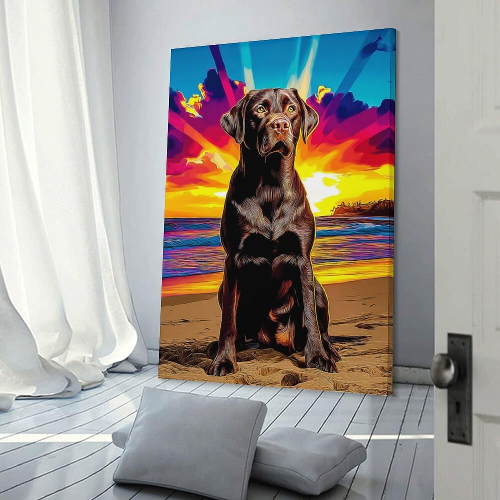 Junmoney Beach Sunset with Dog -3 Room Decor Wall Art, 12x18inch(30x45cm), for Home Office, Desk Area Or Studio, An Interior Accent for Desk Areas