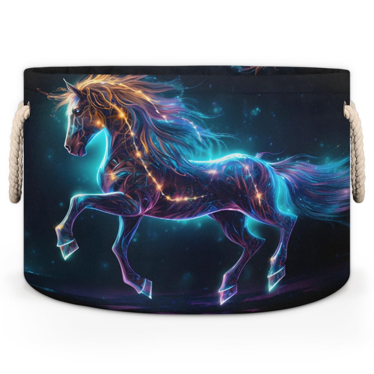 Large Collapsible Blanket Storage Basket for Gifts Empty, Black Horse Round Fabric Laundry Hamper Basket, Baby Dog Toy Bins with Handle, Closet Organizer for Living Room(A-509)