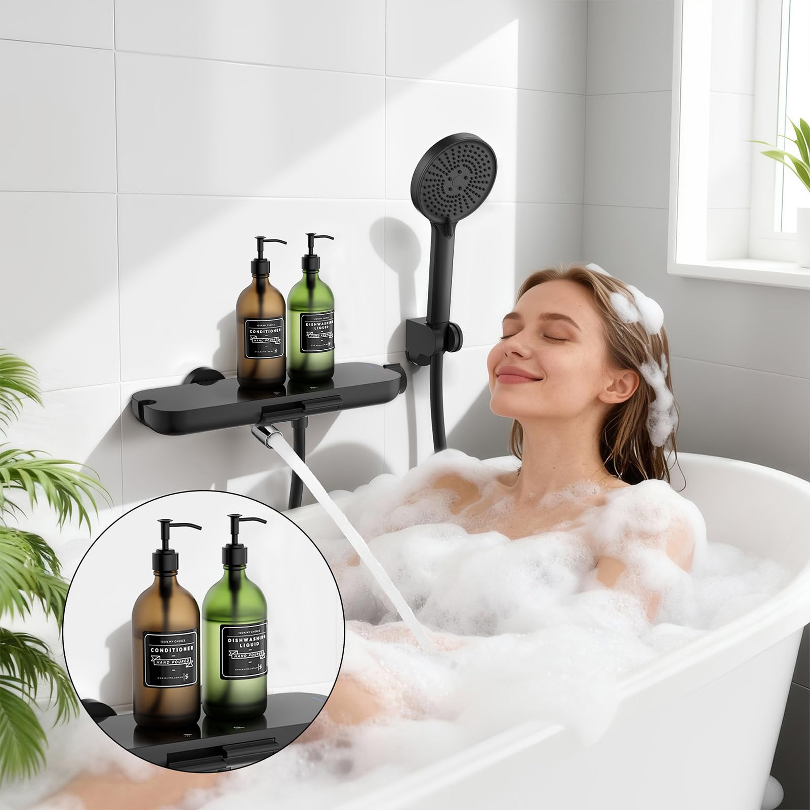HOMELODY Badewannenarmatur schwarz mit Handbrause | 360° drehbarer Auslauf, Badewannenarmaturen mit Duschbrause, Glasablage, 1,5 m PVC Schlauch, Mischbatterie zur Wandmontage