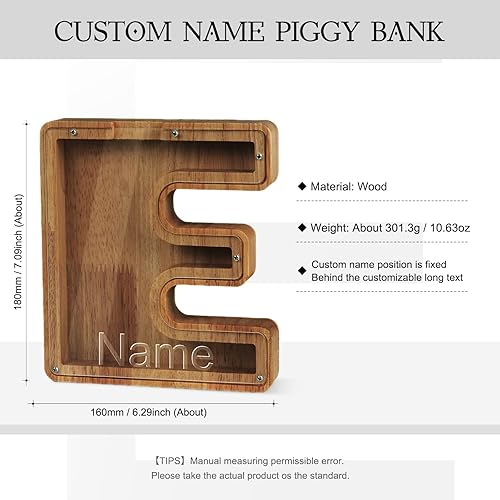 Miniatura 2 de Alcancía con nombre personalizado, 26 letras láser con texto personalizado, banco de monedas de madera, significado educativo, alcancía con nombre