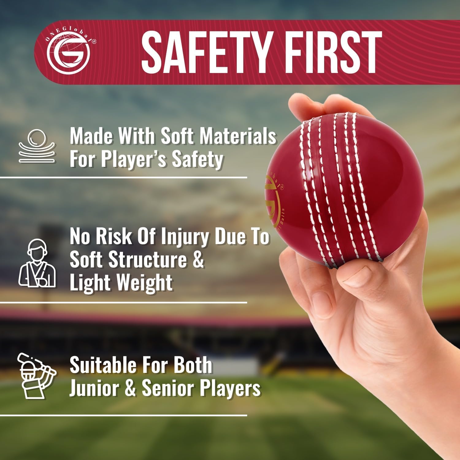 Soft Rubber Cricket Ball for Practice | Outdoor & Indoor Practice Cricket Ball with Core & Stitched Seam | Realistic Feel, True Bounce & Swing for Practice, Honing Skills & Family Fun