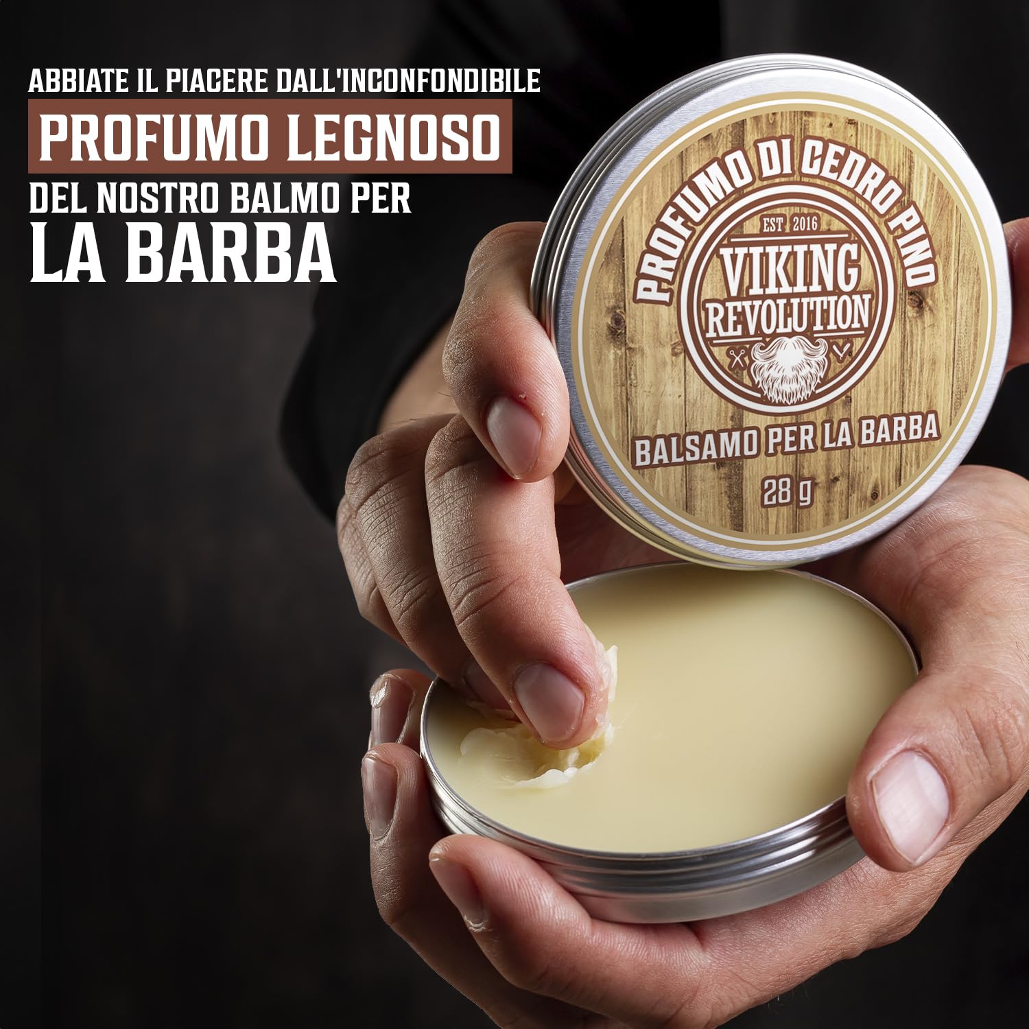 Viking Revolution - Balsamo Barba Uomo - Regalo Uomo - Modella e Ammorbidisce Baffi con Sandalo, Pino, Cedro, Bay Rum e Salvia Sclarea - Set 4x28g