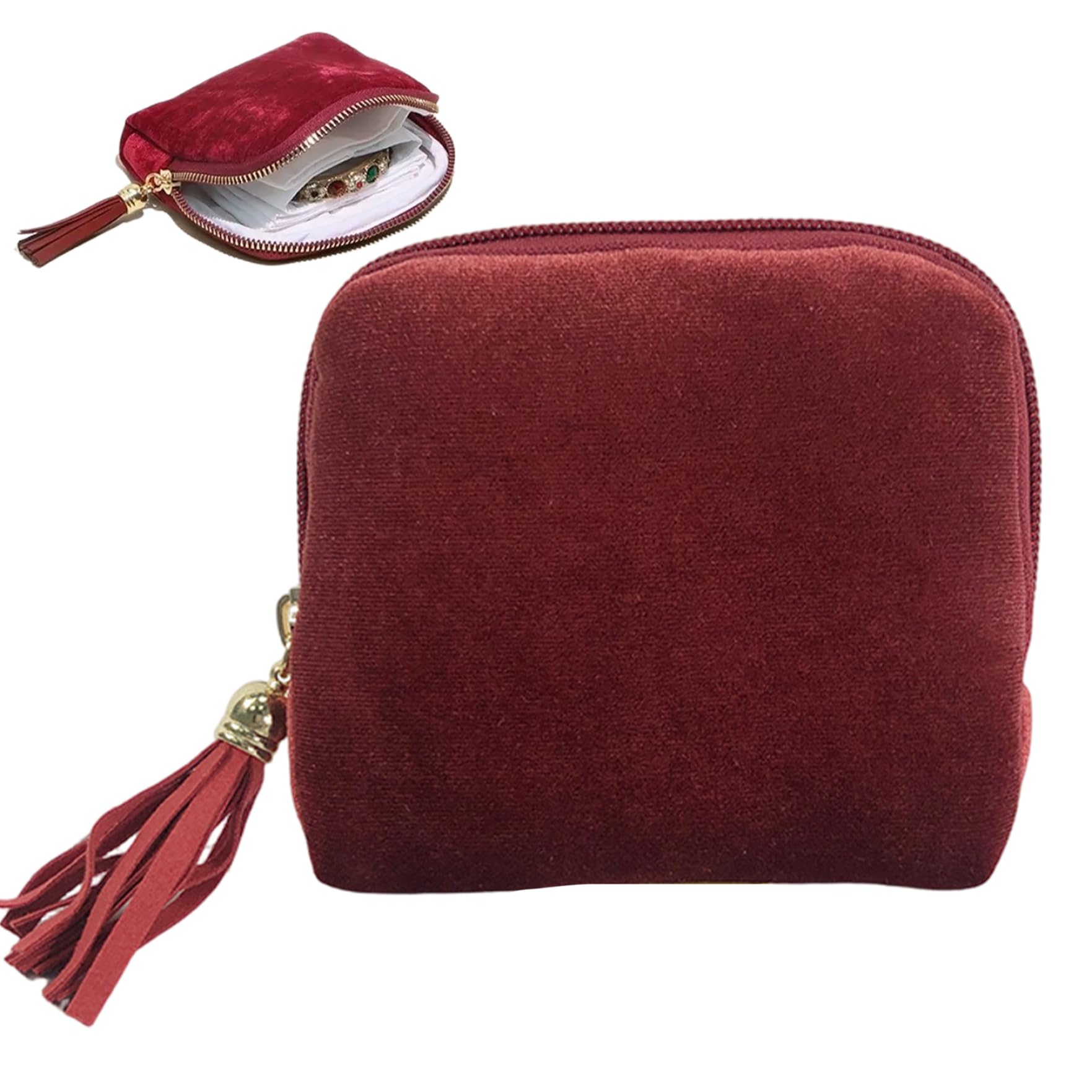 Peosaard Women's Claret Jewelry Travel Case, Travel Jewelry Case Small 6-Layer Luxurious Velvet Pouch With Tassel Portable Zippered Organizer For Girls Gifts, Mini