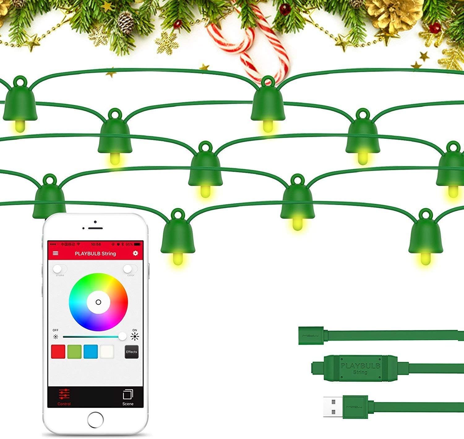 PLAYBULB Smart String Lights, Green Wire LED with iOS & Android APP Controlled & IP65 Waterproof Patio Bright Light for Xmas Tree, Camping, Party, Garden, Outdoor Decorations, Multicolor (10M (33ft))