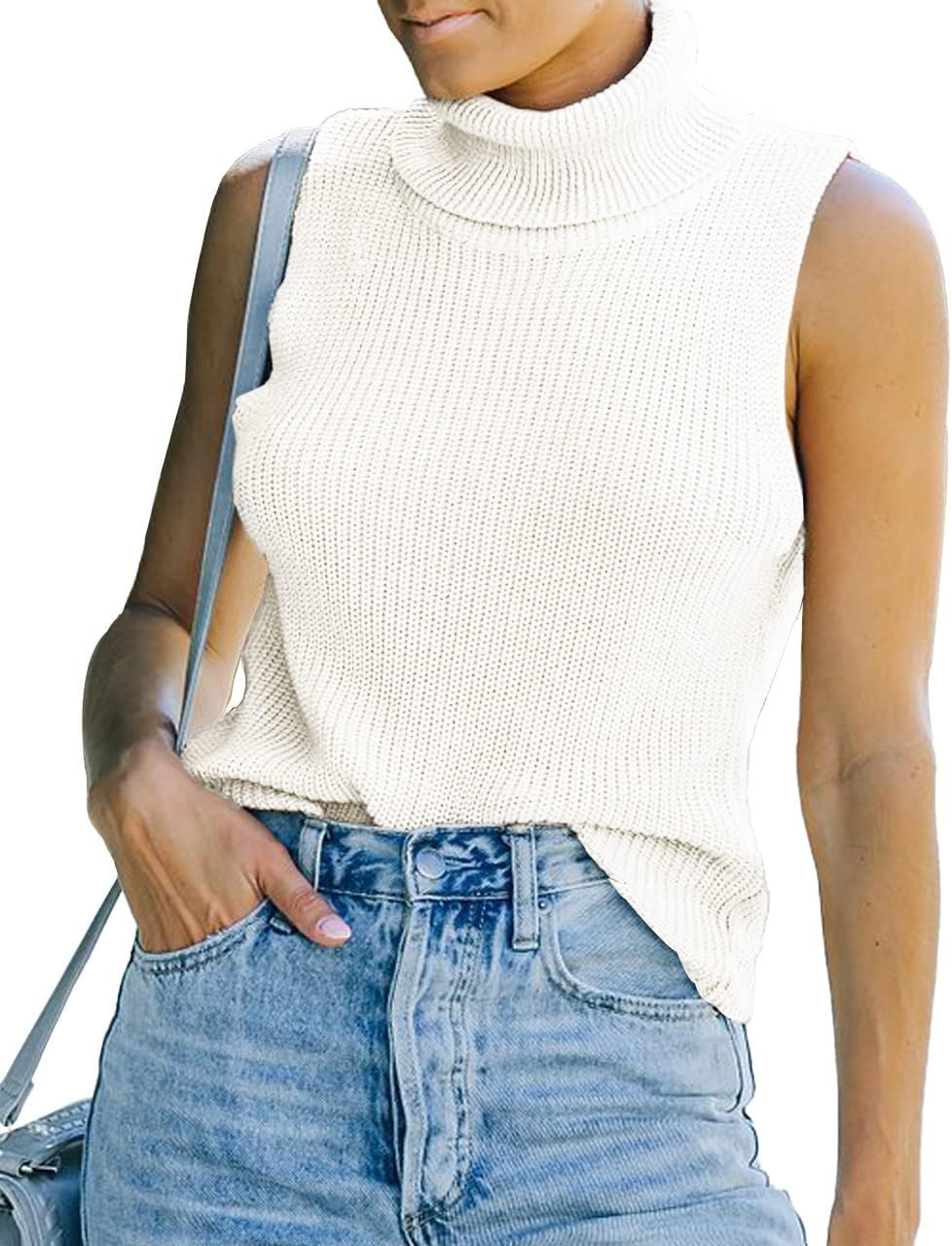 Womens Sleeveless Sweater Vest Turtleneck Ribbed Knit Tank Tops Basic Slim Fit Top White - Image 2