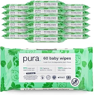 Pura Eco Wet Wipes for Sensitive Baby Skin, 1080 Wipes (18 x 60 Wipes), Monthly Box, 99% Water, 100% Plastic-Free, Biodegradable, Skin-Friendly for Neurodermatitis, Newborns