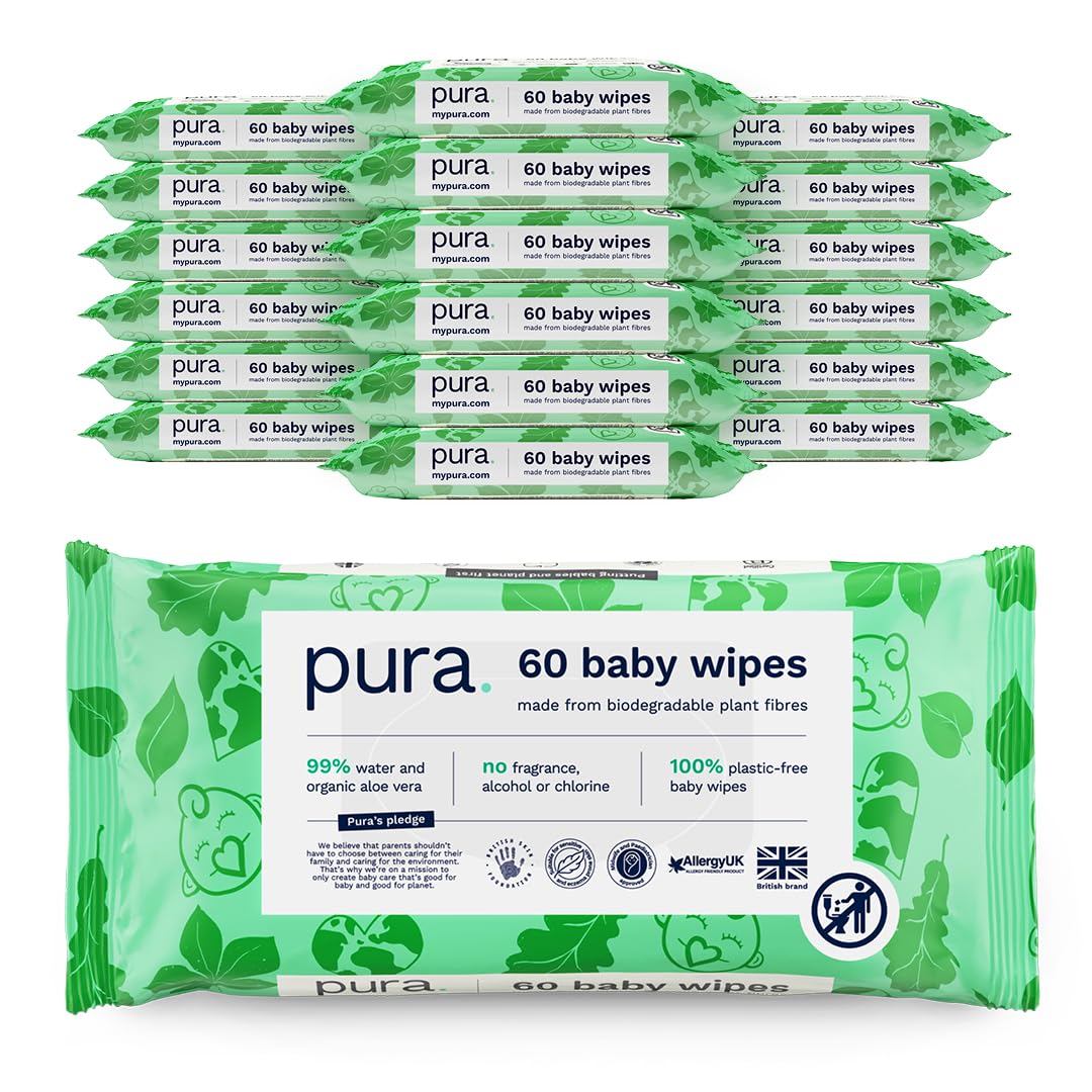 Pura Baby Wipes - 18 x 60 Wipes (1080 Total) - 100% Plastic Free, 99% Water, Biodegradable, Compostable, Vegan, Suitable for Sensitive & Eczema-Prone Skin - Allergy UK Certified
