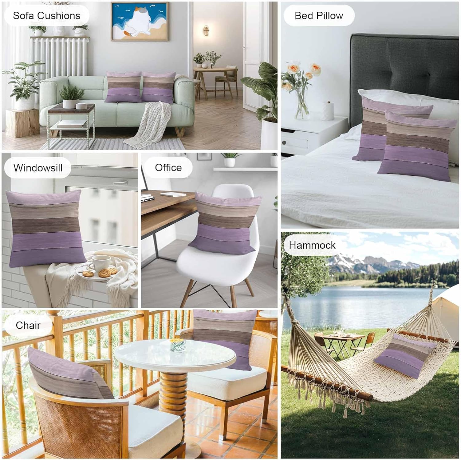 Outdoor Throw Pillow Covers 24X24 Set of 2 Waterproof Ombre Lavender Purple Brown Decorative Zippered Cushion Covers for Patio Furniture, Farmhouse Retro Rustic Barn Wood Texture Lumbar Pillowcases