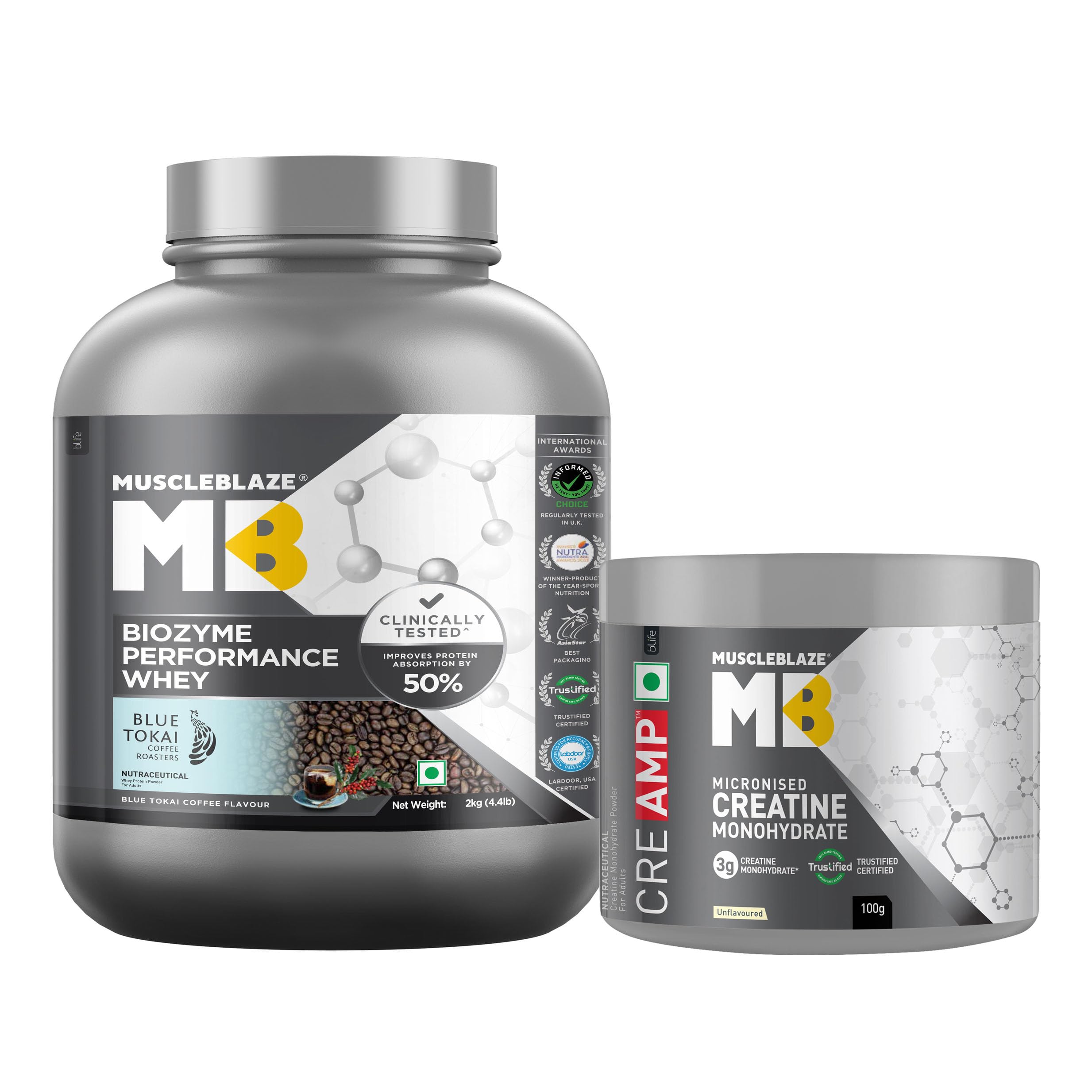 MuscleBlaze Biozyme Performance Whey Protein Powder, Blue Tokai Coffee (2kg / 4.4lbs) & Micronised Creatine Monohydrate CreAMP Powder, Unflavoured (32 Servings, 100g) | Pack of 2