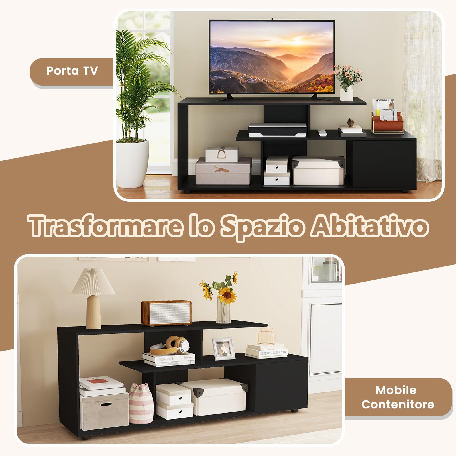 COSTWAY Mobile Porta TV, per TV Fino a 55'', Console Media a 3 Ripiani Asimmetrici con Ripiani di Stoccaggio e Armadietto, Mobile TV con Cassetto, 5 Gambe di Supporto (Nero)