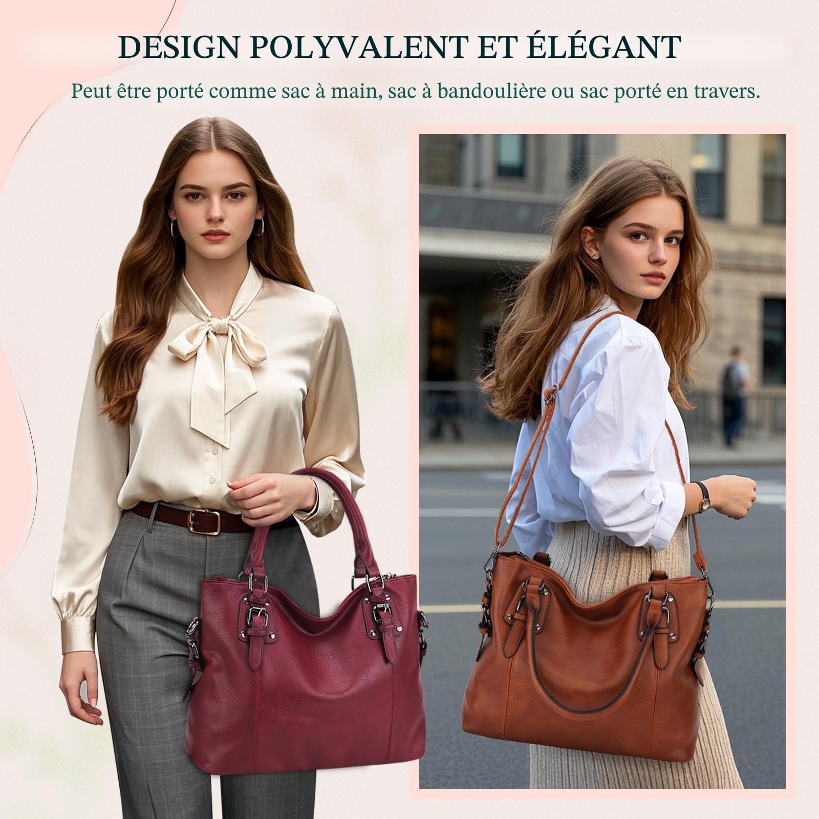 Sac à Main Femme en Cuir PU Sac Bandoulière Femme Hobo Cabas Fourre Tout Vintage, Grand Capacité Sangle Réglable pour Travail, Shopping, Voyage