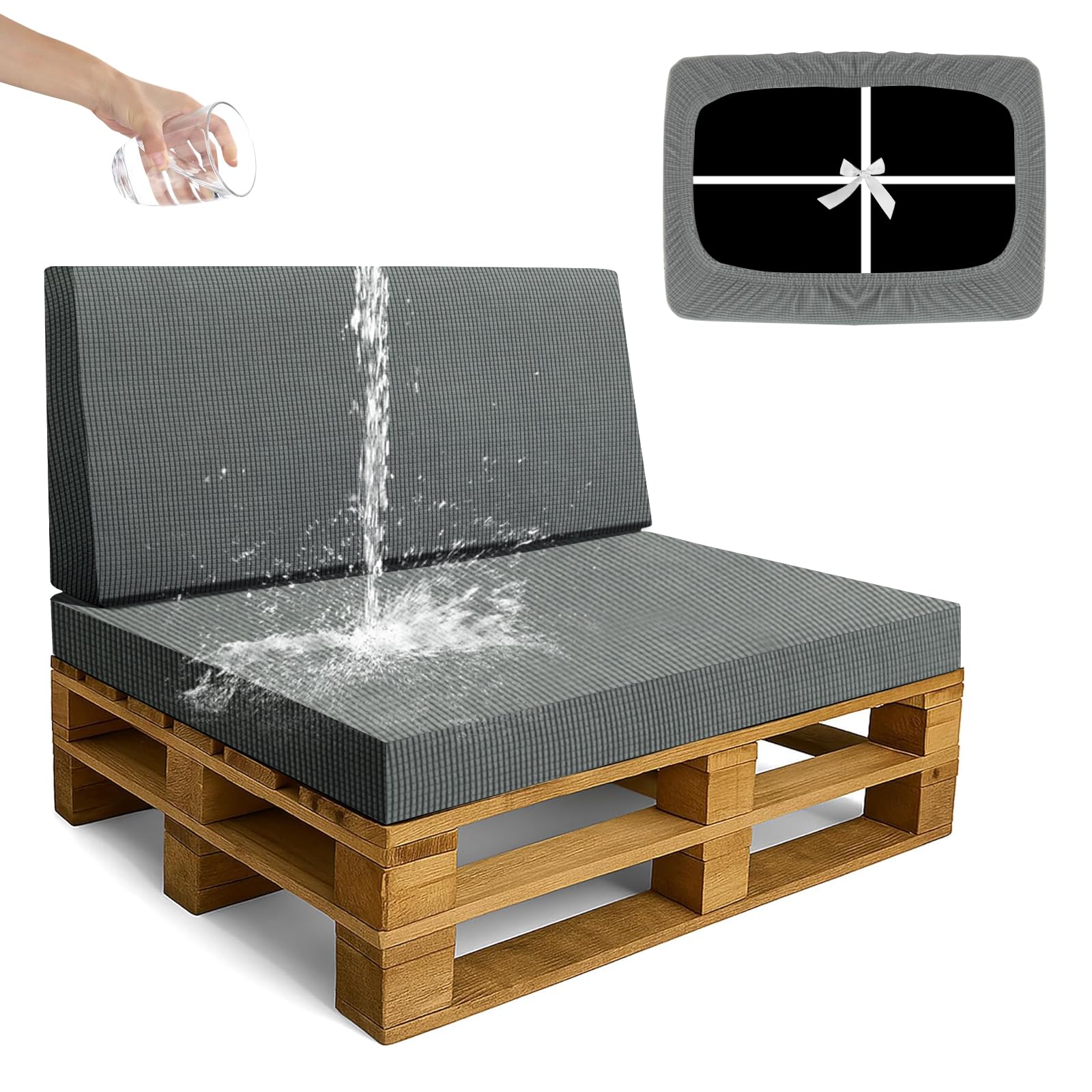 SYLC Waterproof Pallet Cushions Covers, Stretch Cover for Pallet Furniture Cushions with 4 Ties, Outdoor Corner Sofa Covers for Rattan Patio Garden Caravan (Lightgrey,2 PCS(1 Seat+1 Back))