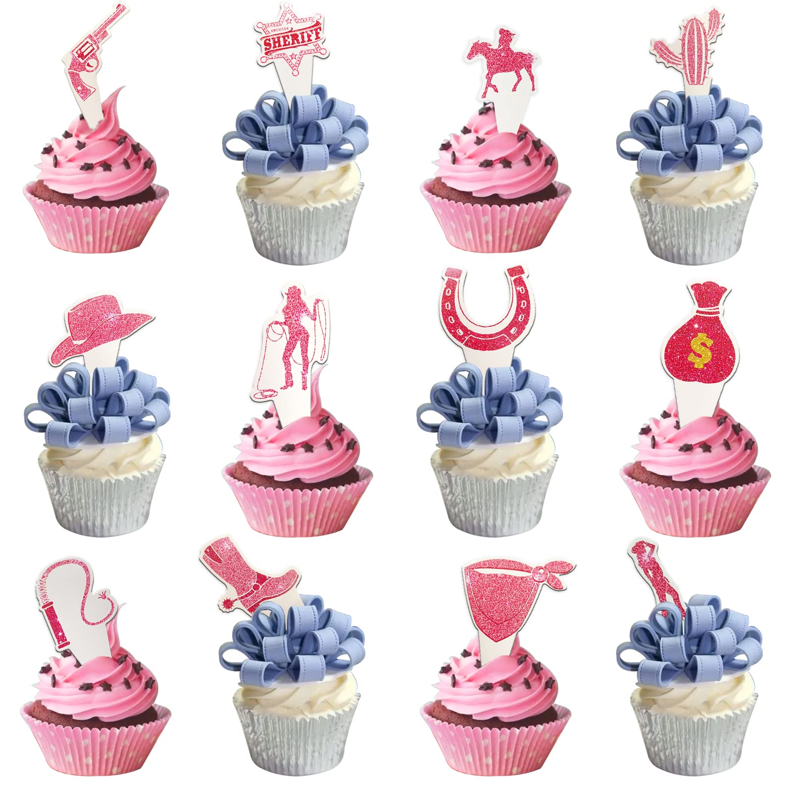 24 pcs Pink Cowboy Theme Cupcake Toppers,Western Cowboy Style Party Supplies Favors,Cake Picks For Birthday Anniversary Wedding Engagement Party Decorations — image 1