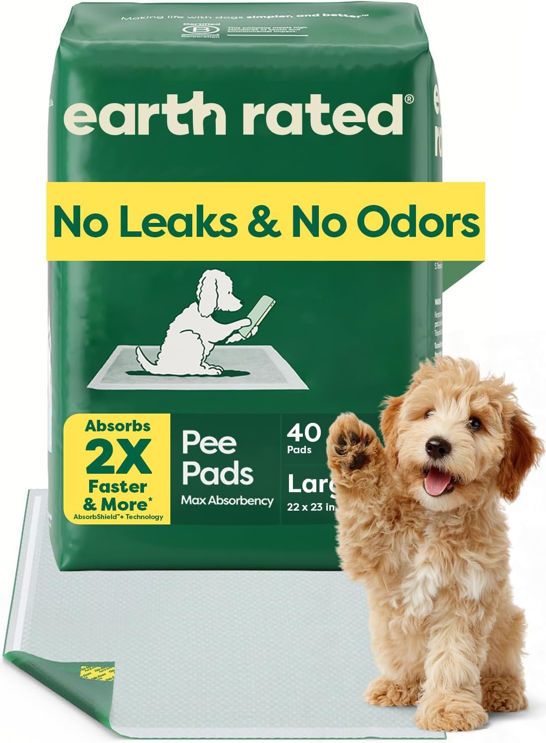 Earth Rated Max Absorbency Puppy Pee Pads for Dogs Absorbs 2X Faster & 2X More, Leak-Proof Odor-Free Potty Training Wee Wee Pad, Unscented, Large, 22” x 23”, 40 Count L 22"x23" 40-ct