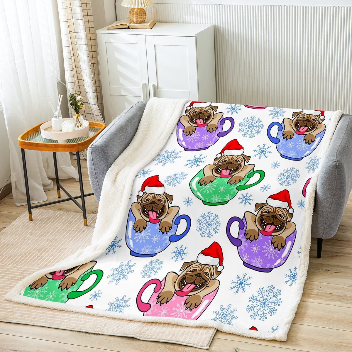 Manta de felpa para niños y mascotas, con diseño de copos de nieve, diseño de copos de nieve, diseño de pug, cachorro, sherpa, manta de animales kawaii, manta mullida para sofá cama, colorido tamaño