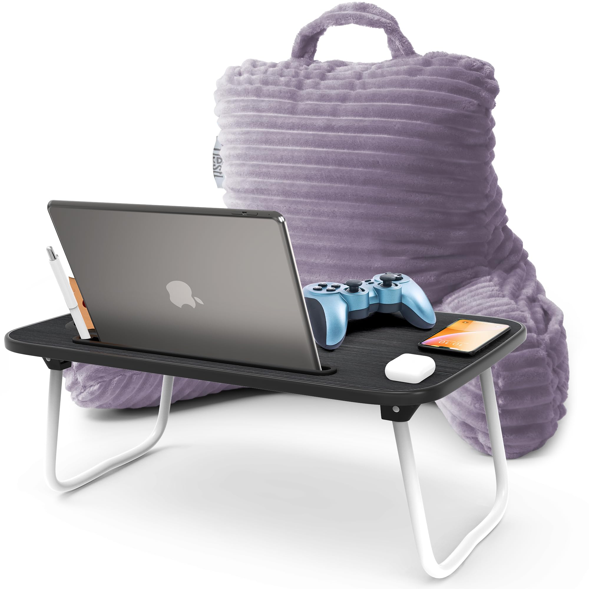 Nestl Dusty Purple Reading Pillow with Bed Desk for Laptop and Writing, Luxe Cut Plush Back Pillow for Sitting Up, Back and Arms Adjustable Support for Kids and Teens, Foldable Lap Desk for Bed 19x11”