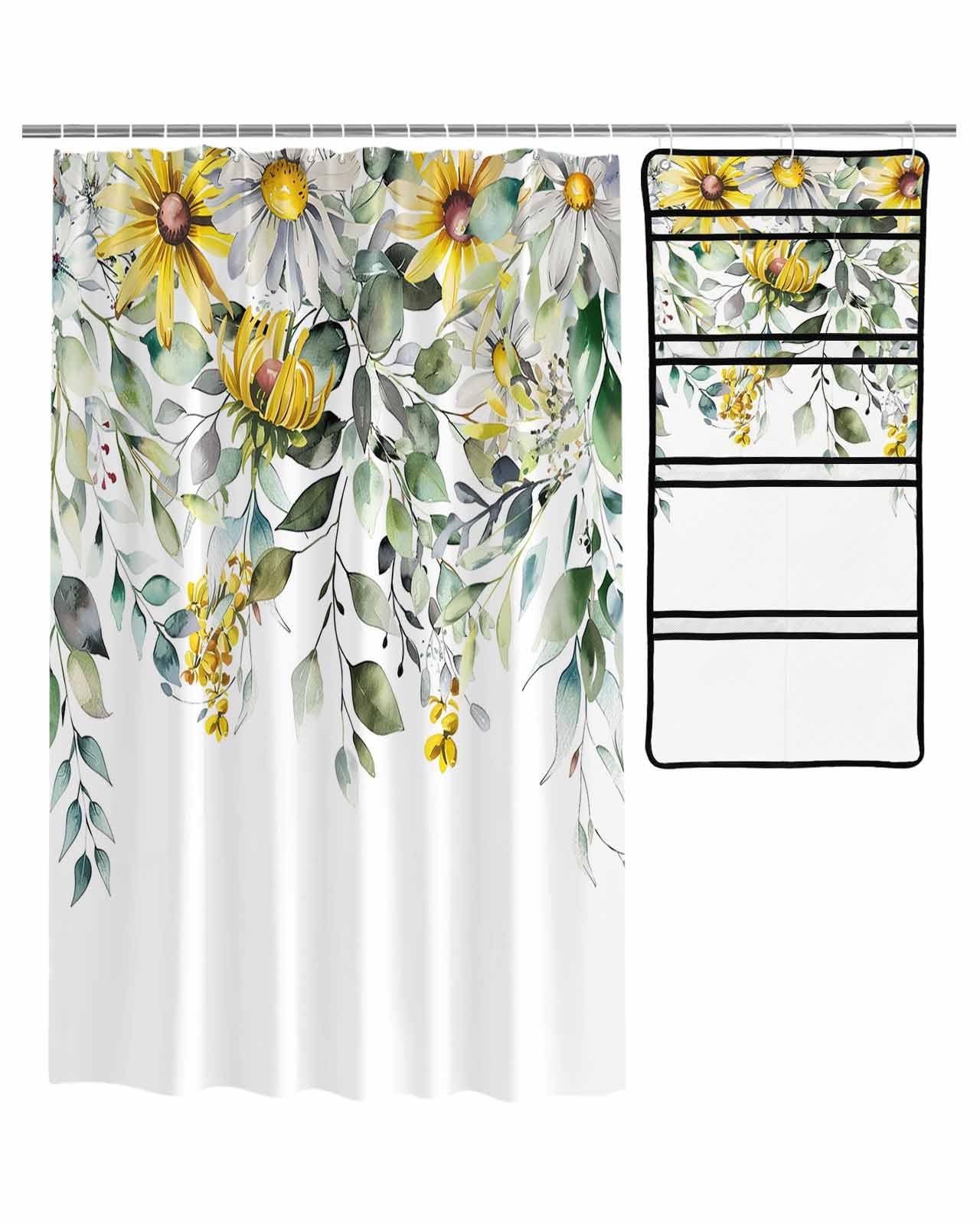 Decorative Shower Curtain Sets Eucalyptus Leaves Green Fabric Waterproof Shower Curtains Pastoral Style White Yellow Daisy White Mesh