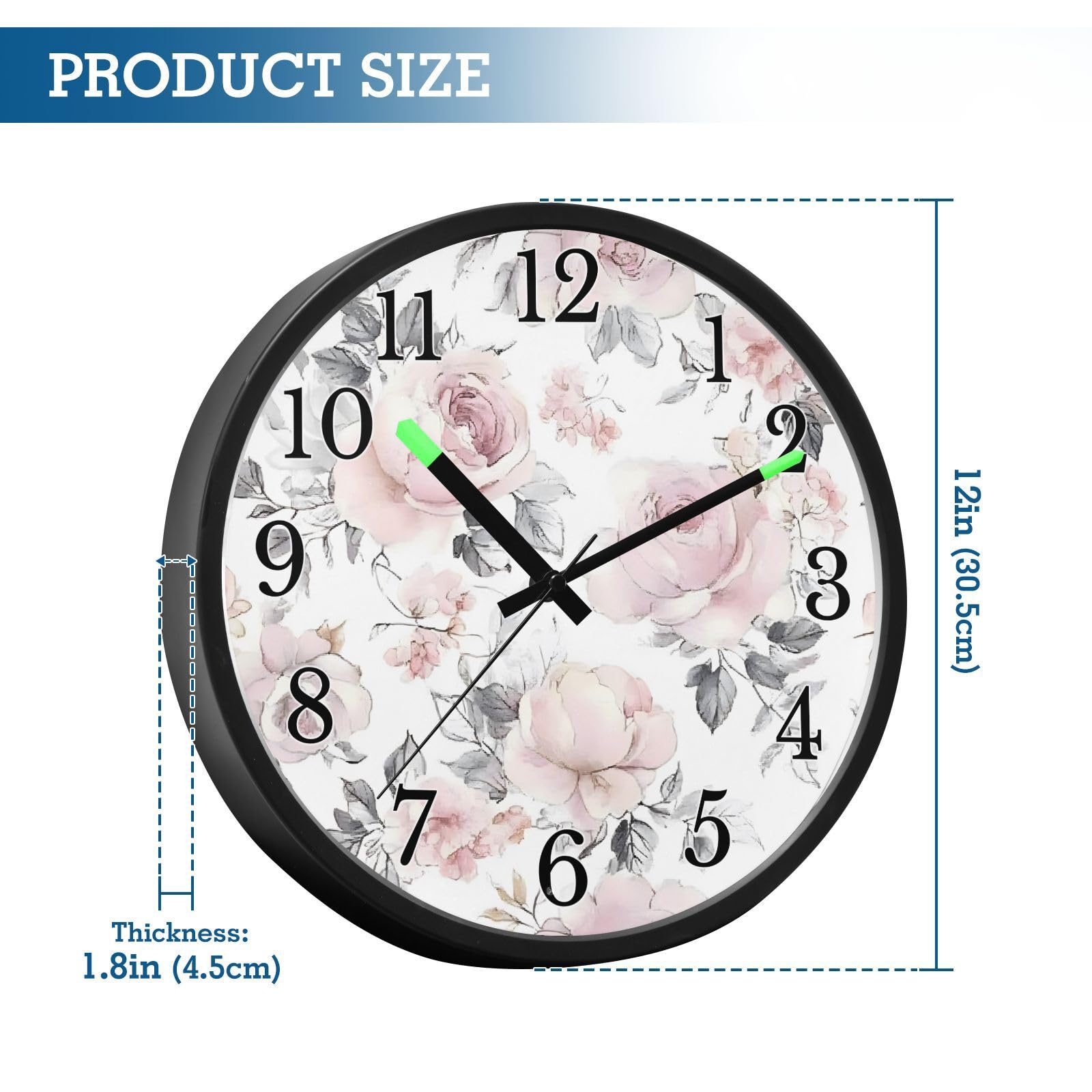 Mnsruu Reloj de pared luminoso con diseño de rosas rosas, hojas grises, funciona con pilas, silencioso, brilla en la oscuridad, para sala de estar, cocina, 12 pulgadas