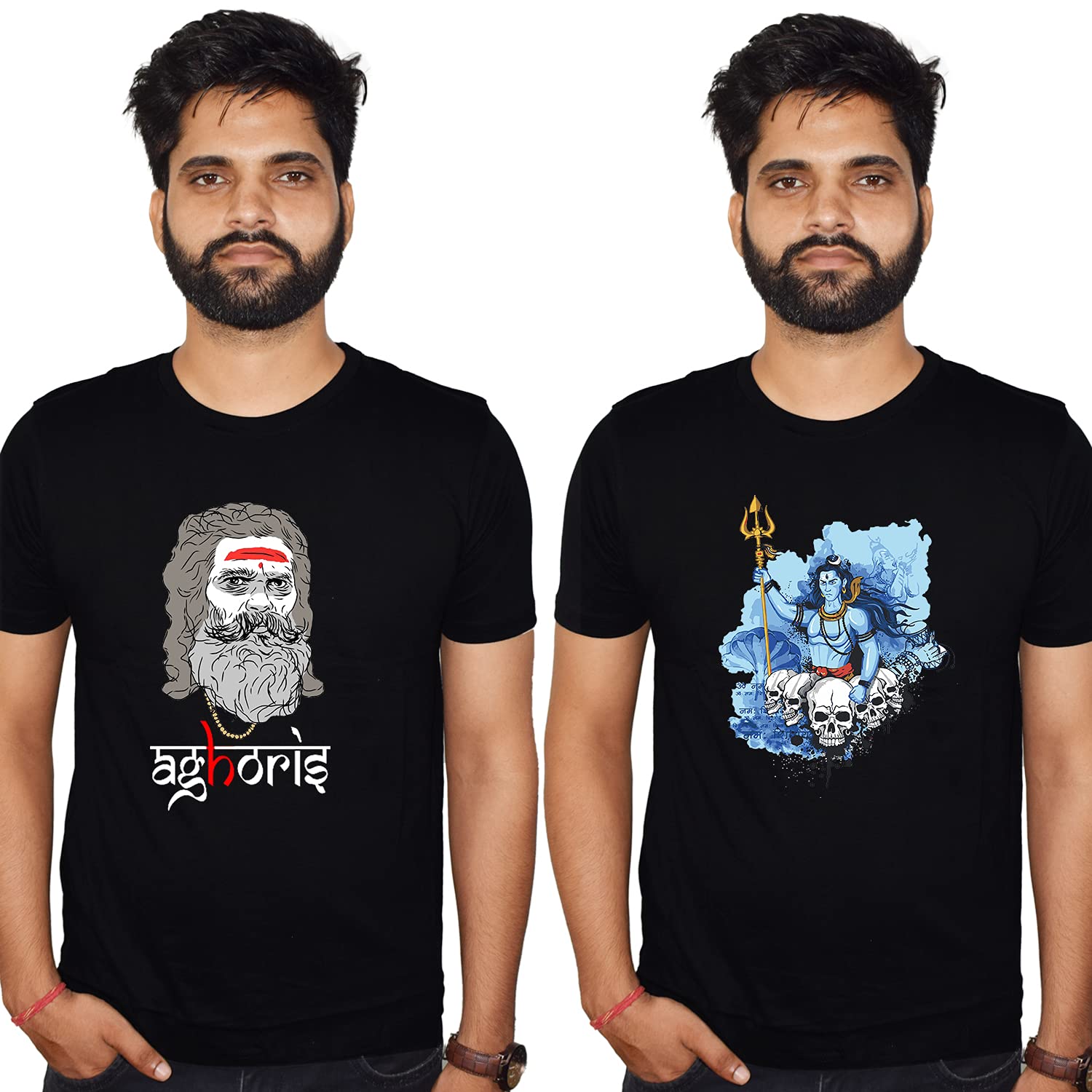 Squareknot - Black Mahakal and aghori| Bholenath Tshirt | 100% Cotton |Regular fiit |Cotton Round Neck Half Sleeve Tshirts for Men Combo Pack (Pack of 2)