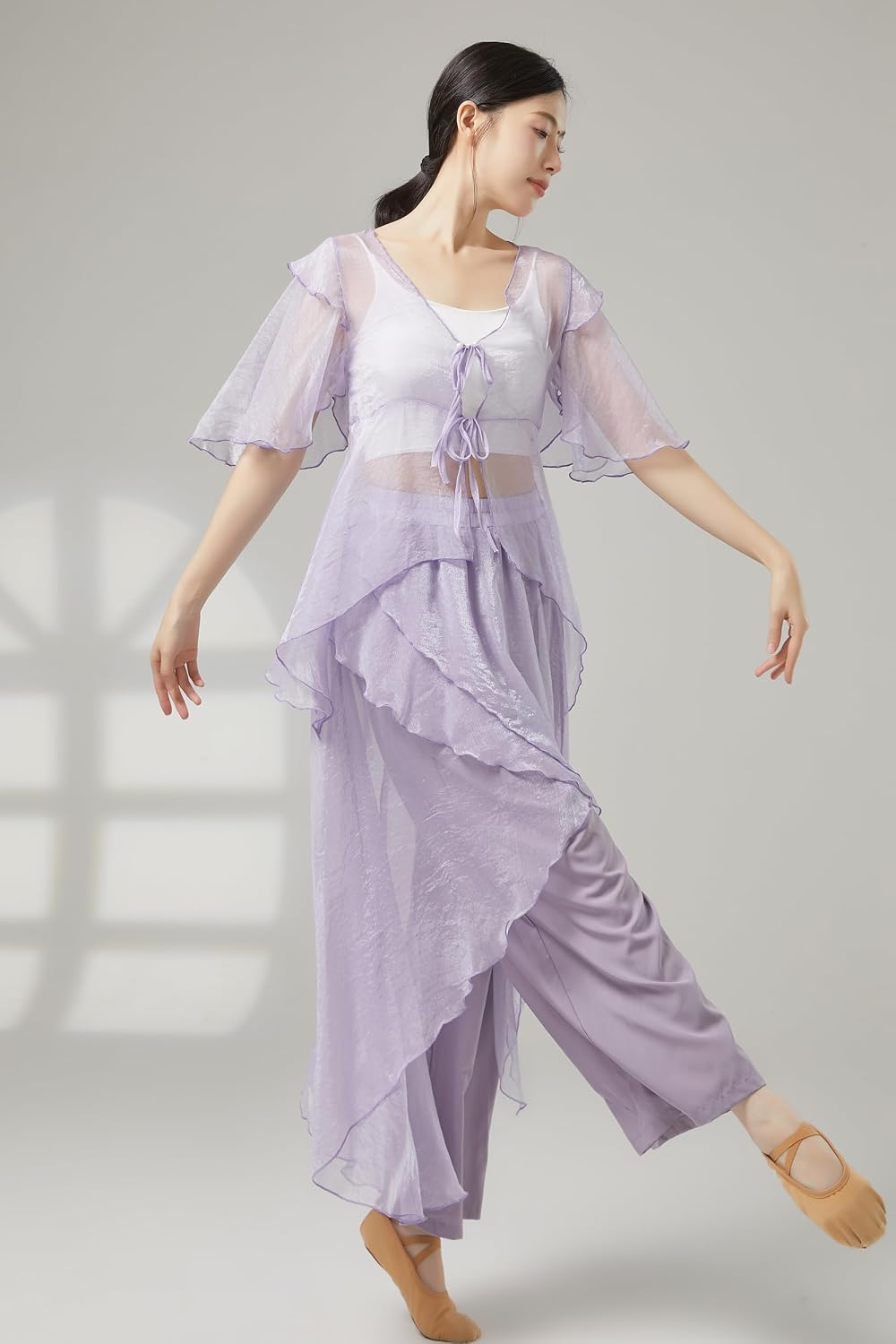 Angcoco Women's Double Layers Ruffled Flowy Chiffon Pants