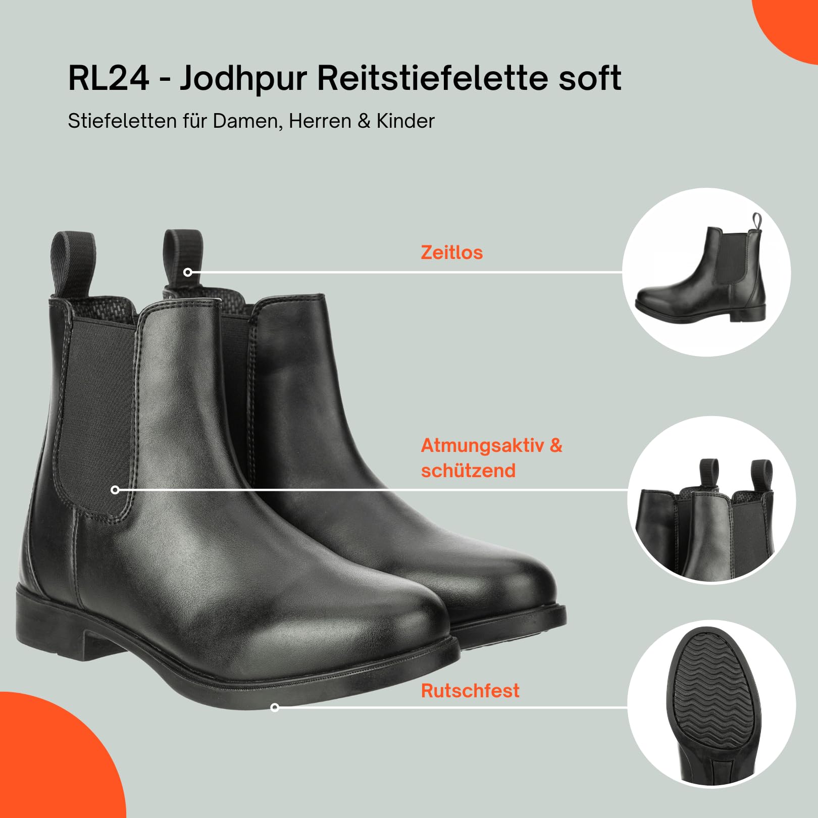 RL24 - Jodhpur Reitstiefelette soft | Kinder, Herren & Damen Stiefeletten | mit Elastikeinsatz & Pull-On | wasserdichte Chelsea Boots aus Kunstleder | schwarze Reitschuhe | Größe 28-46