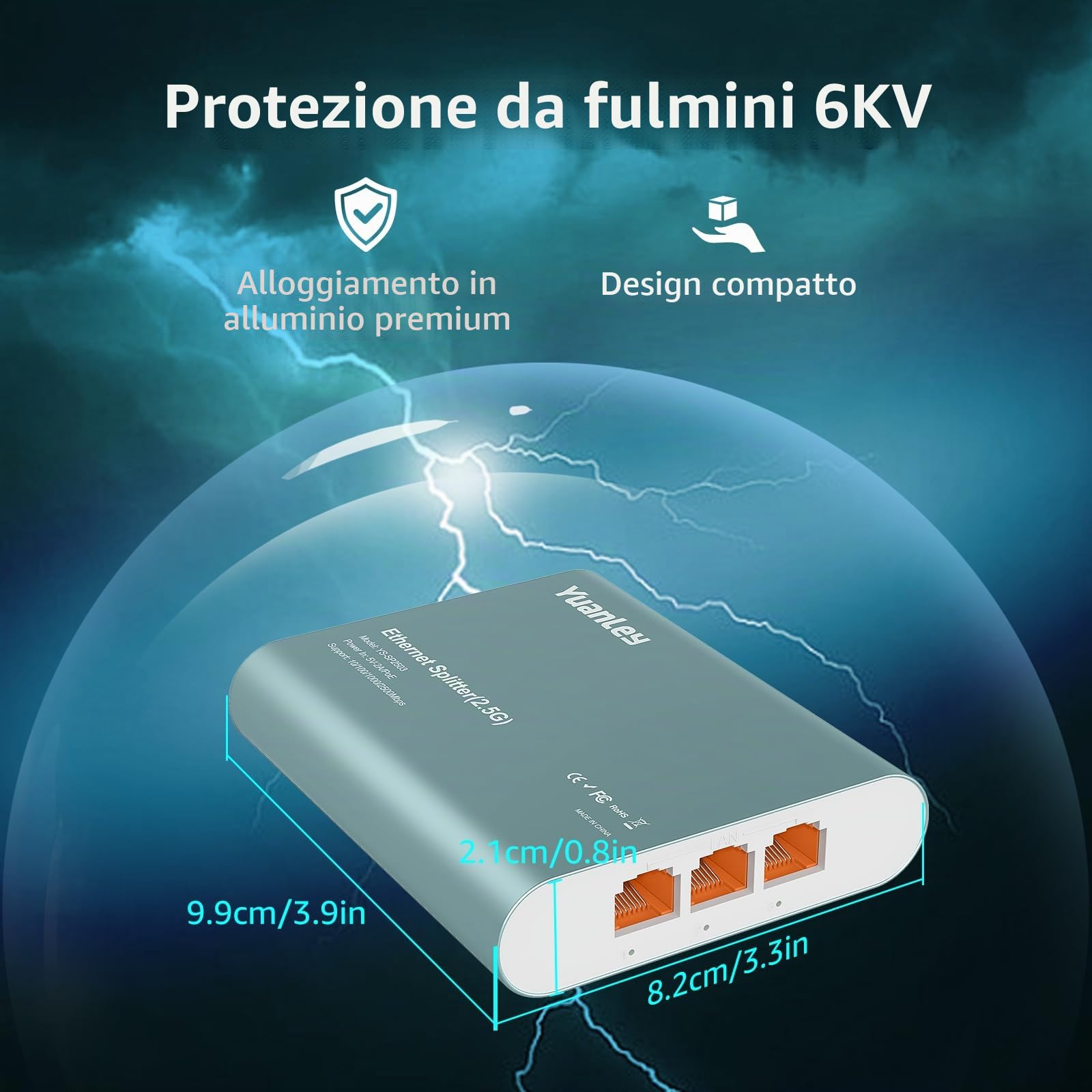 Switch Splitter Ethernet 2.5G 1 a 3 Porte con Ingresso PoE, Splitter ad Alta Velocità 4 Porte 2.5G con Scocca in Alluminio, Isolamento VLAN, Espansore di Rete Alimentato USB-C/PoE per Router, PC