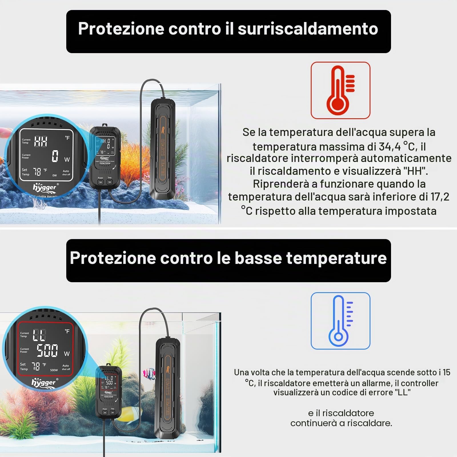 hygger Riscaldatore per Acquario con Potenza Regolabile 500W/1000W,Sommersibile Riscaldatori per Acquari con Controller per Acquari Dolce o Salata da 400-800Litri