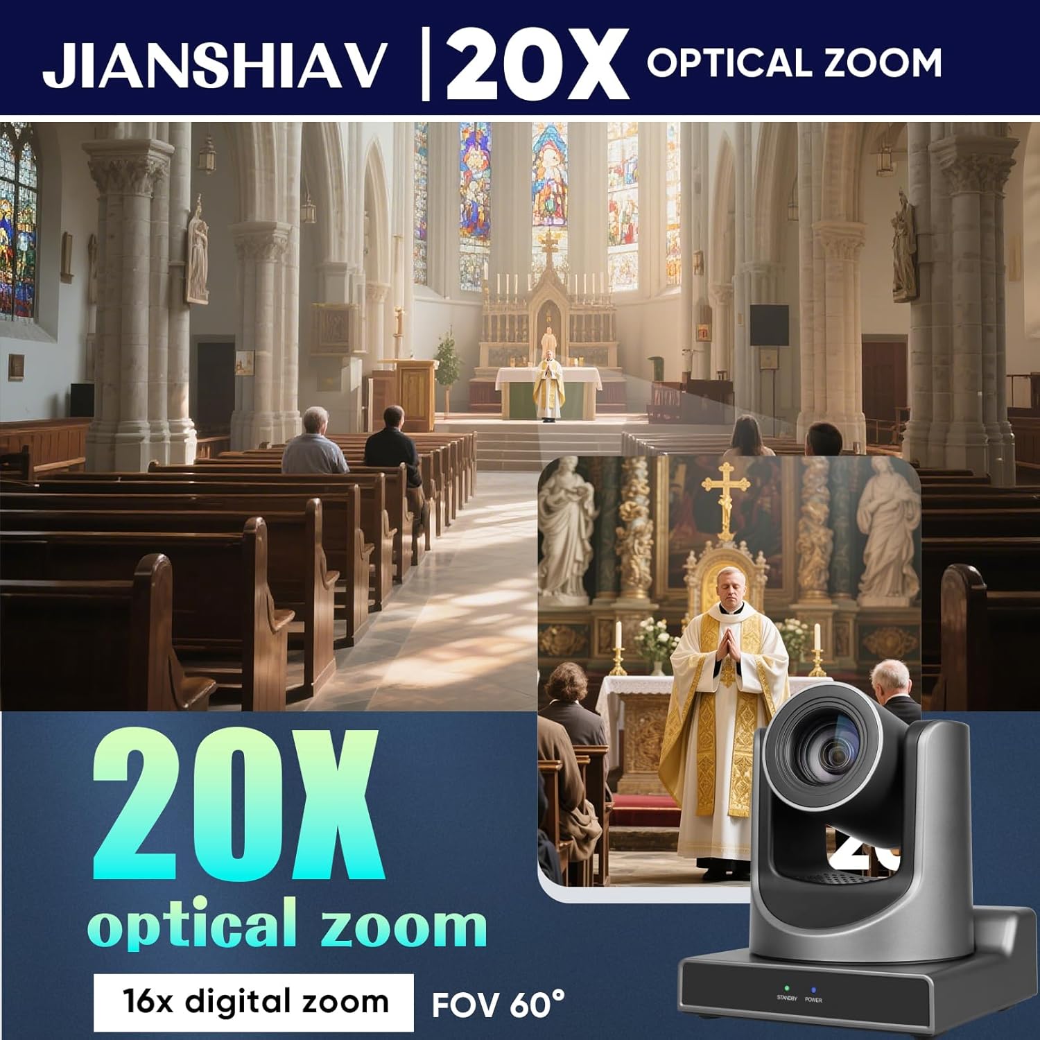 1080P 60fps NDI PTZ Camera, AI Auto-Tracking, 20x Optical Zoom, True to Life Colors, POE, HDMI,USB,SDI,IP Camera for Church Services Worship Education VMiX OBS (JSV60XL