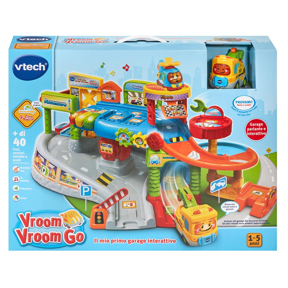 VTech Vroom Vroom Go - Il Mio Primo Garage Interattivo, Pista Macchinine con Garage Parlante, Incluso Veicolo Elettronico per Rimorchio, Pista Macchine con 9 Zone Magiche, Lingua Italiana, 1-5 Anni