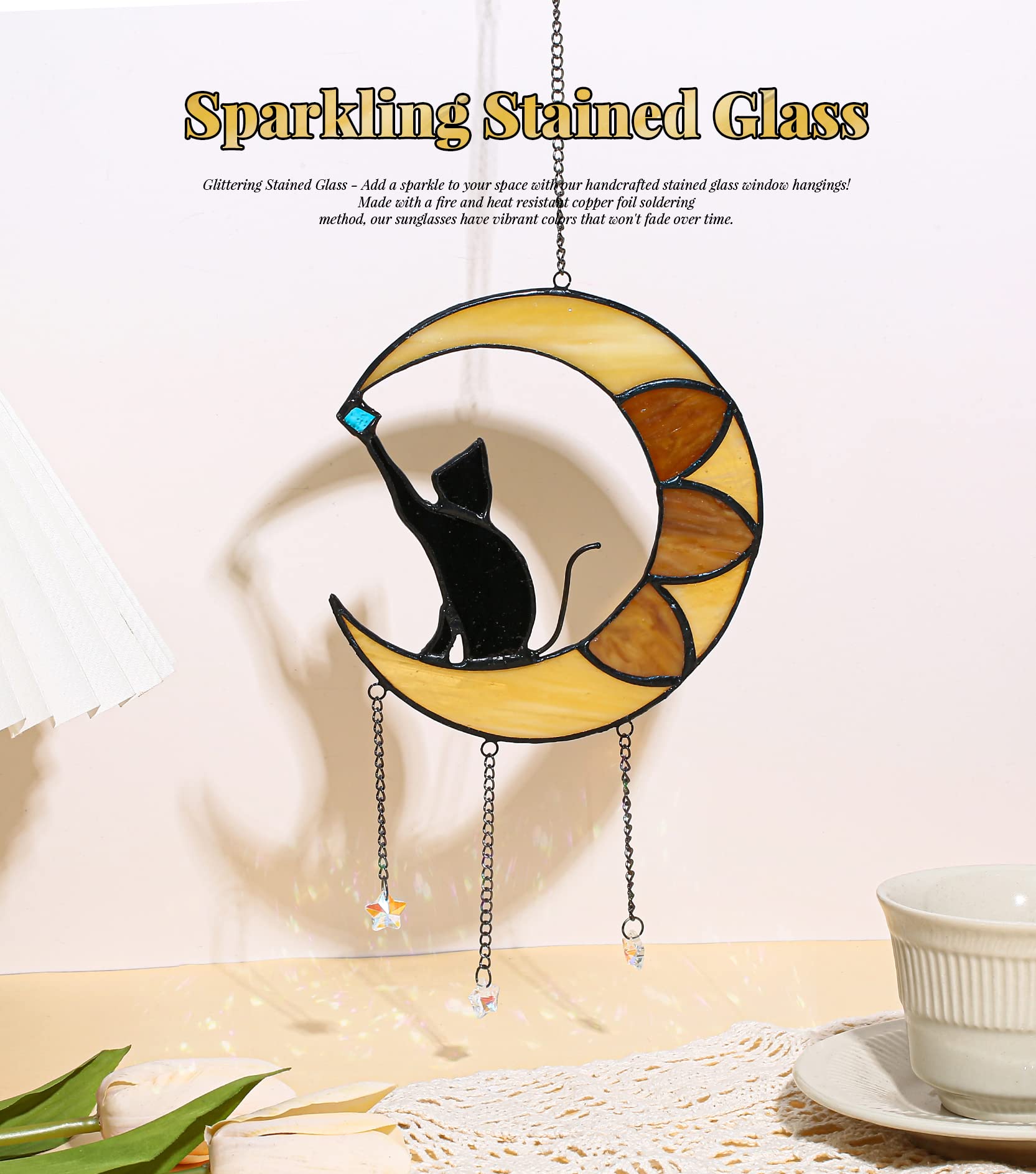 Amazon.co.jp: ステンドグラス 月の上の猫ギフト 猫好きへの眠り猫