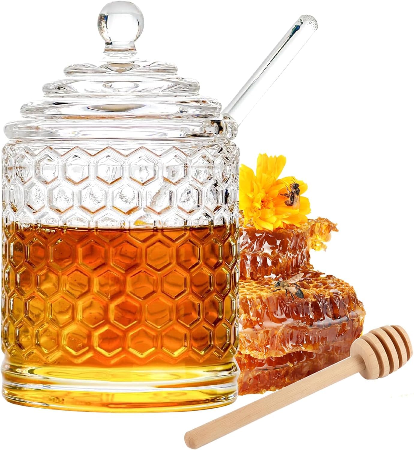 MUAMAX 300ml Clear Honey Bee Pot,Glass Honey Jar with Dipper and Lid,Crystal Honey Pot with Dispenser,Glass Honey Container with 2 Honey Sticks,Honey Dispenser and Syrup Container for Home Kitchen