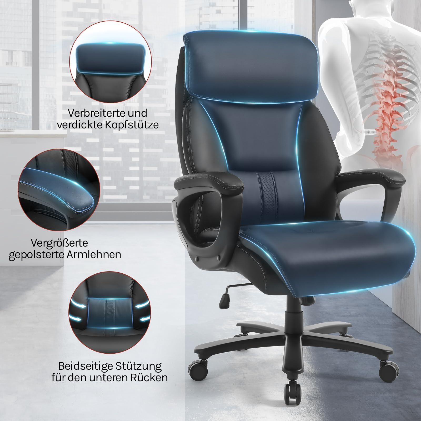 WOLTU Chefsessel 150 kg, Ergonomischer Bürostuhl, Kunstleder, Schwarz | Breite Sitzfläche, Dicker Breiter and Winkeleinstellbar, mit hochelastischem Schaumstoff, BIFMA- und SGS-zertifiziert