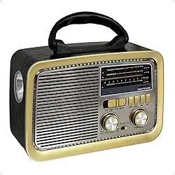Rádio Am Fm Retro Vintage Recarregável Bivolt Pilha Tomada e Bateria Lanterna (Preto)