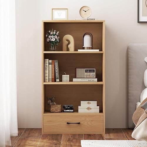 Miniatura 8 de Estantería de 3 estantes con cajón, estantes de madera y estuches para libros, estante de almacenamiento en cubo, estantería pequeña para espacios