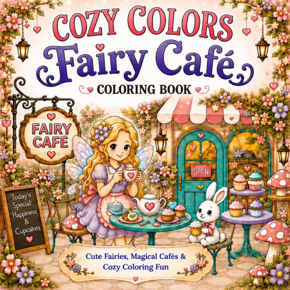 Cozy Colors Fairy Café: 40 Cute Fairy Coloring Pages Featuring Magical Cafés, Sweet Treats, Mushroom Houses, Flowers and Cozy Coloring Adventures