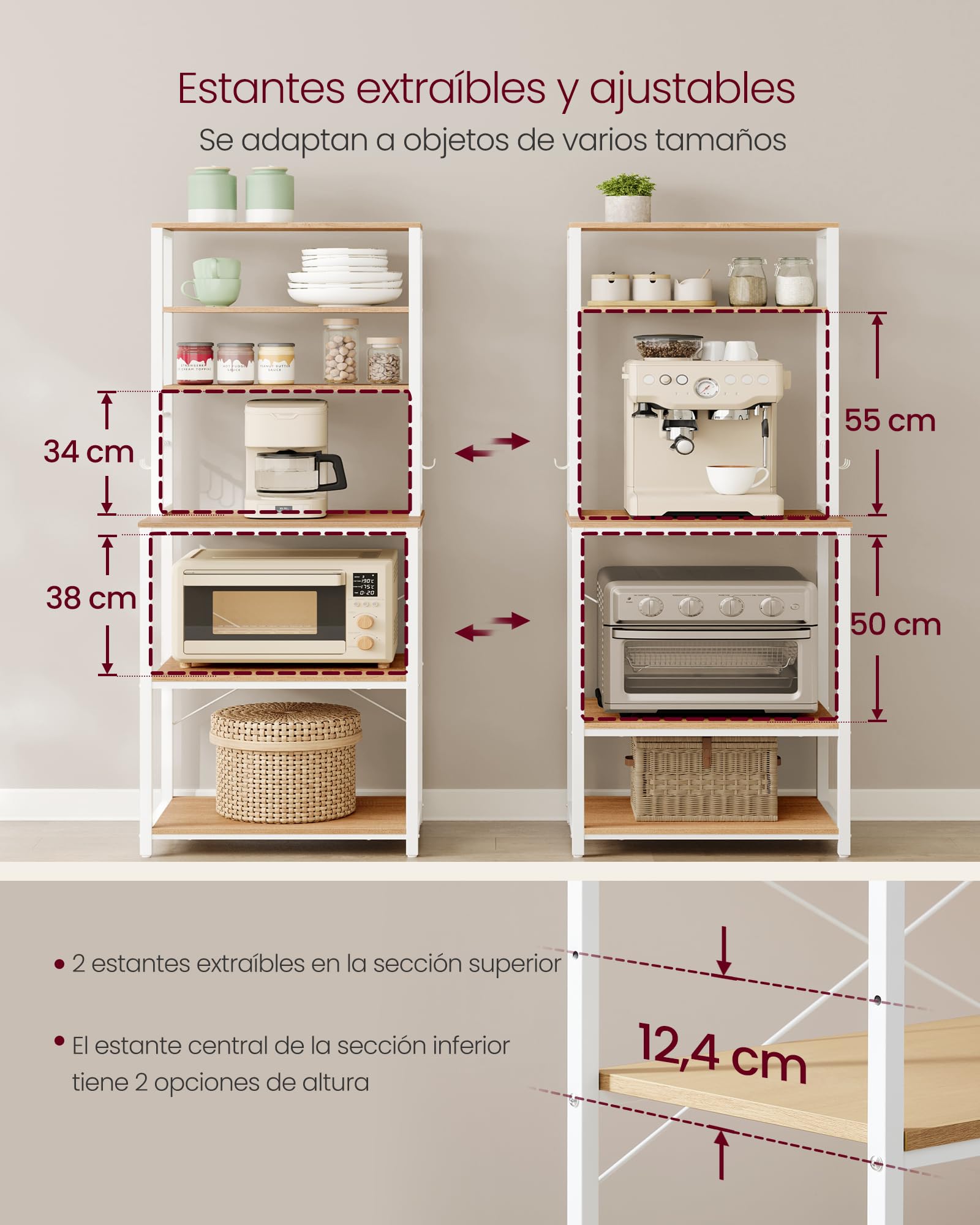 VASAGLE Estantería de Cocina, Estantería de Panadería, 6 Estantes y 6 Ganchos, para Microondas, Marco de Acero, Rústica, 40 x 60 x 167 cm, Roble Dorado y Blanco Nube KKS024W09