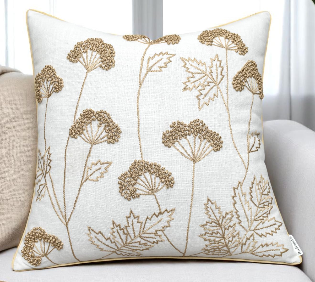 Rudransha Hand Embroidered Wildflower Throw Pillow Cover - 18x18 Inch Ivory Cotton - Blooming