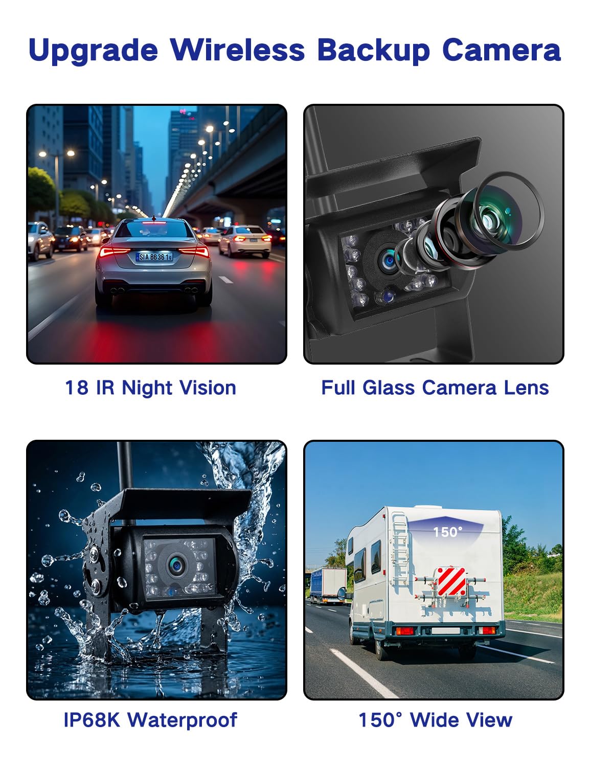 Rückfahrkamera Kabellos Set mit 7" HD Rear View Monitor, IP68 wasserdichte Auto Rückfahrkamera Funk,HD Monitor, Nachtsicht, Weitwinkel,Stabilem Signal,für Wohnmobil Wohnwagen Anhänger LKW