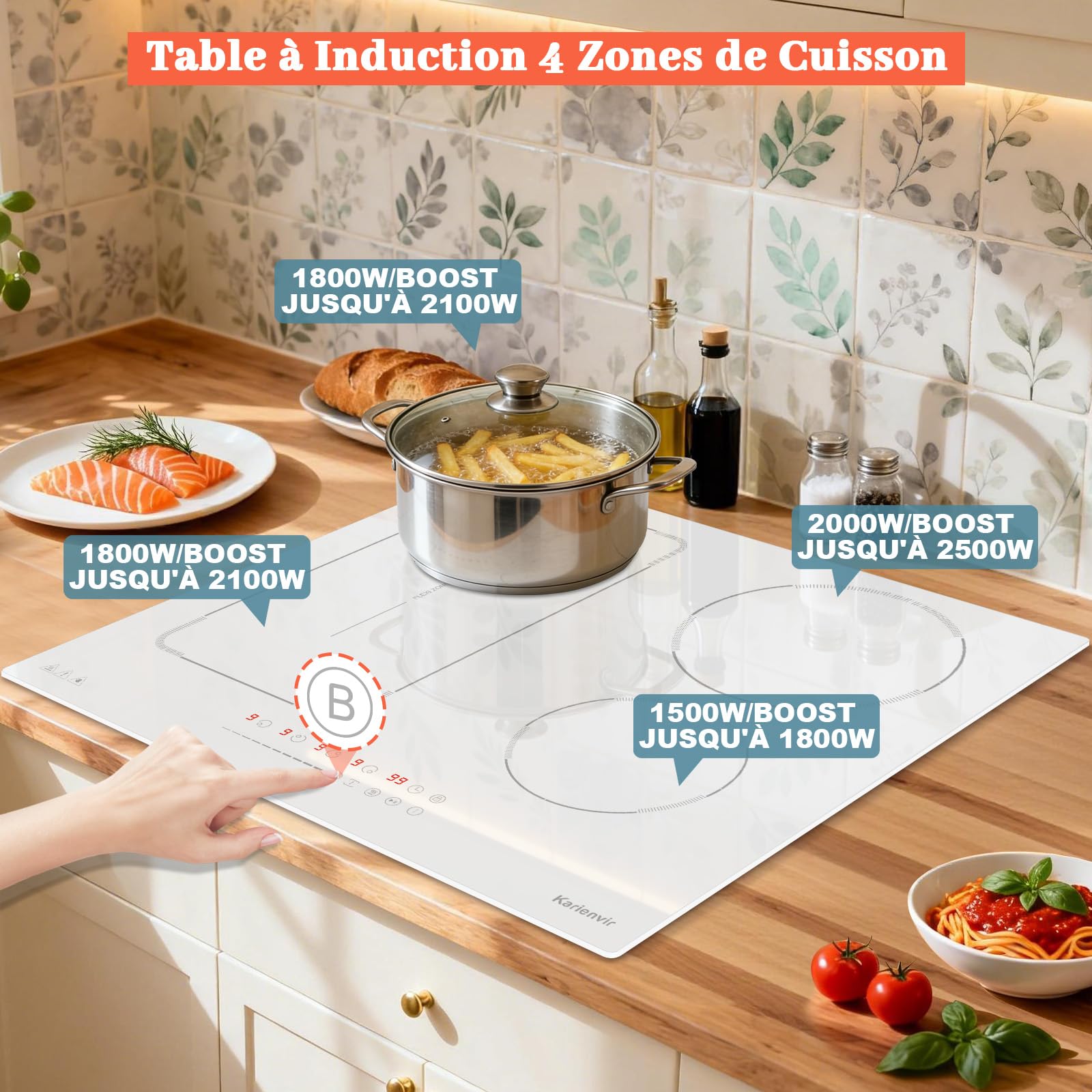 Plaque Induction 4 Feux Avec Prise, Plaque à Induction 60 cm Avec Boost, Zone Flexible, Verrouillage de Sécurité, Pause, Minuteur, Induction Blanche, 220-240 V, 3500 W