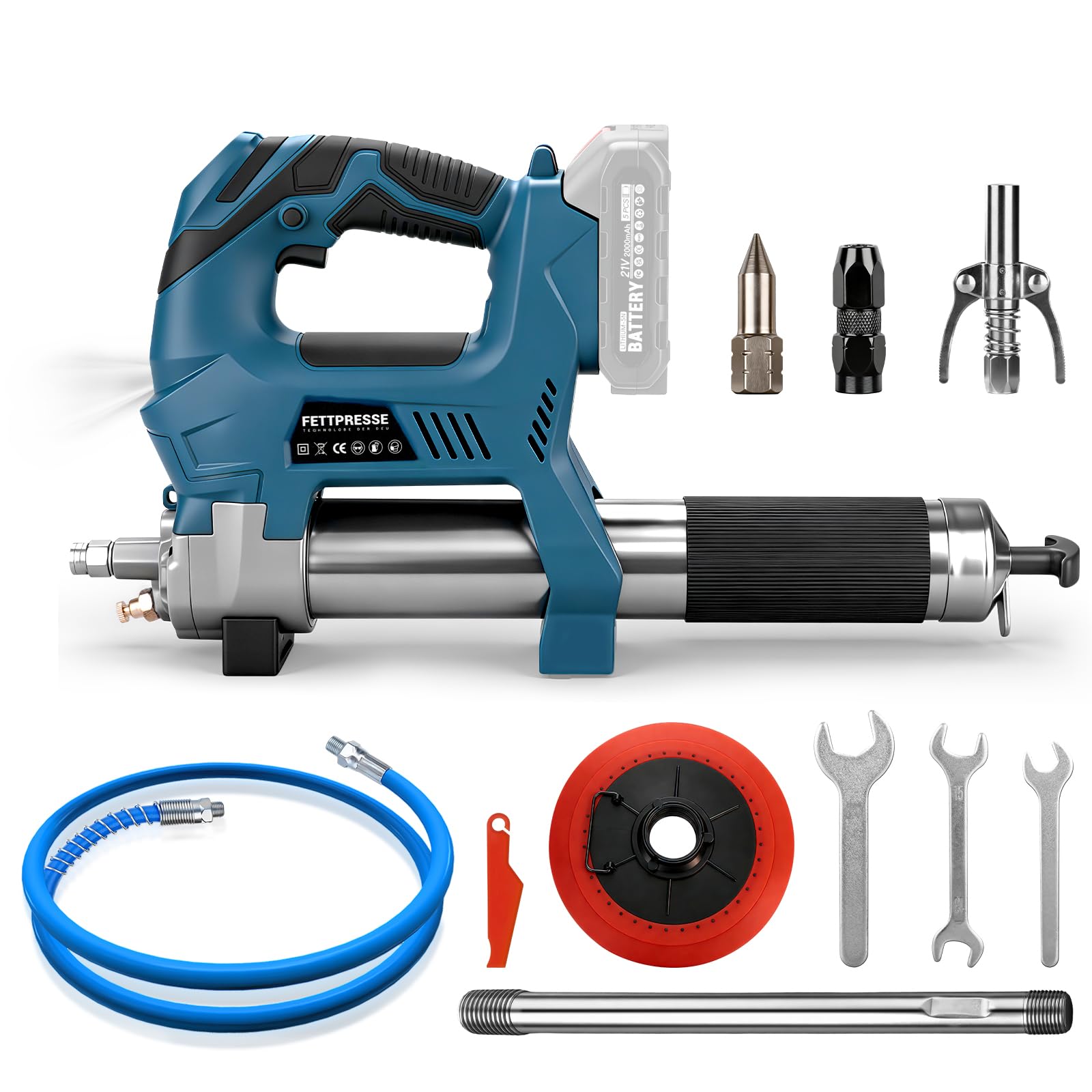 Pressa per grasso a batteria, compatibile con batteria Makita da 18 V, pressa elettrica con funzione dosatrice incl. tubo ad alta pressione da 100 cm, 3 bocchini, motore senza spazzole e lampada a LED
