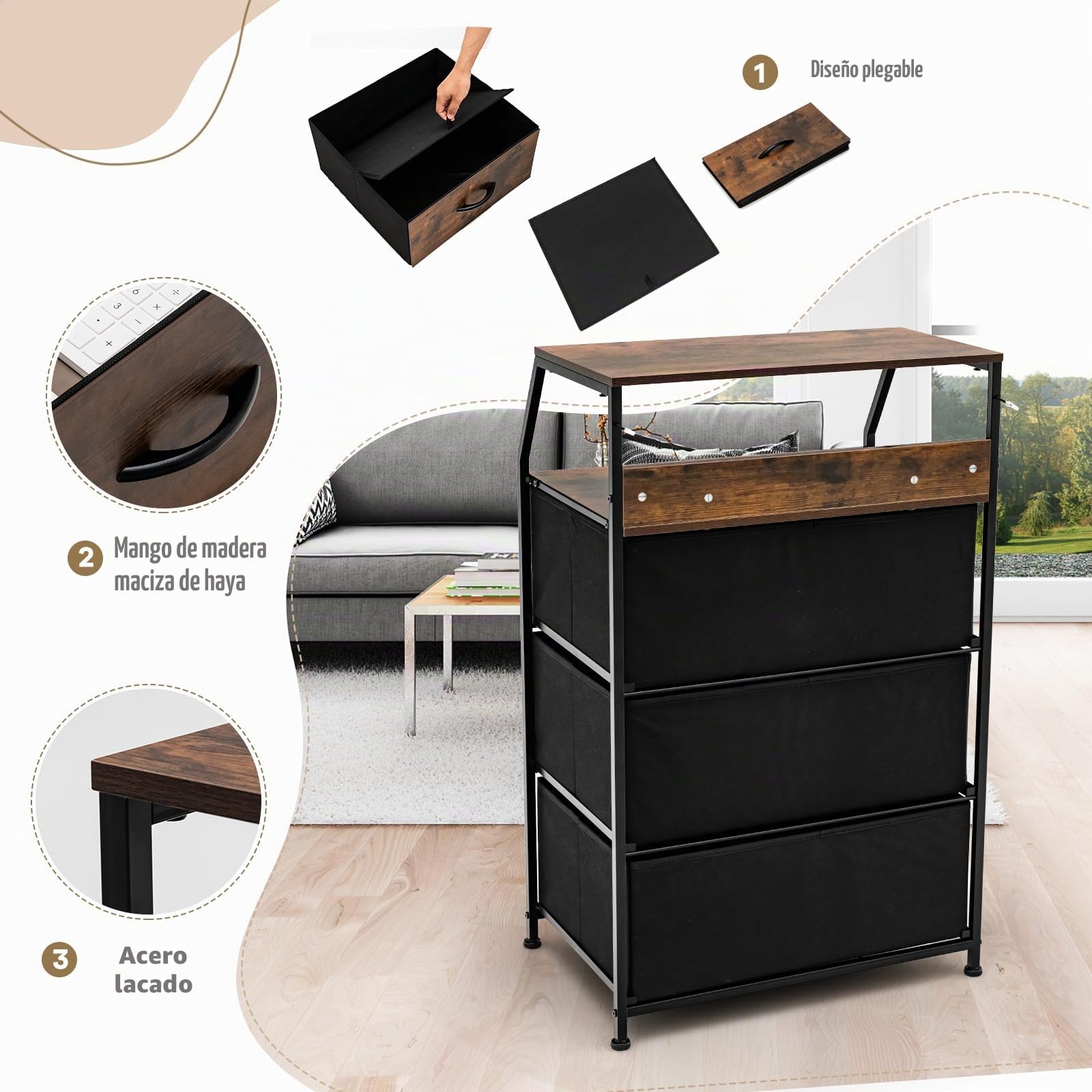 HOMASIS Mueble organizador con 3 cajones y 2 estantes, mesita de noche de madera y metal, para salón, dormitorio, cómoda de diseño industrial, 45 x 29,5 x 92 cm, marrón, TJ10060MPDE