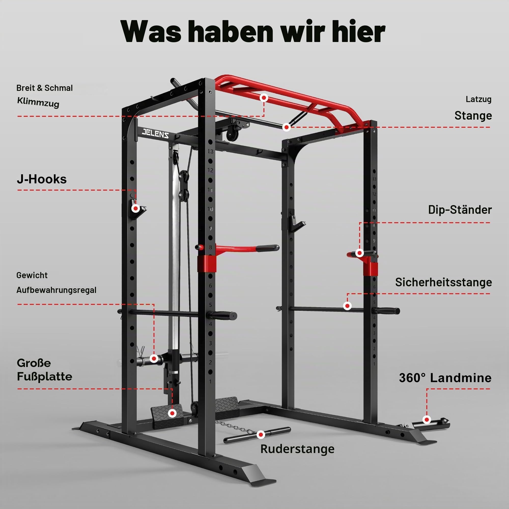 JELENS Power Cage, 907.2 kg Multifunktion S11 Power Rack mit Lat-Pulldown, Squat Rack mit verstellbarem Seilzugsystem und mehr Trainingsaufsätzen, Gewichtstrainingsgerät für Home Gym