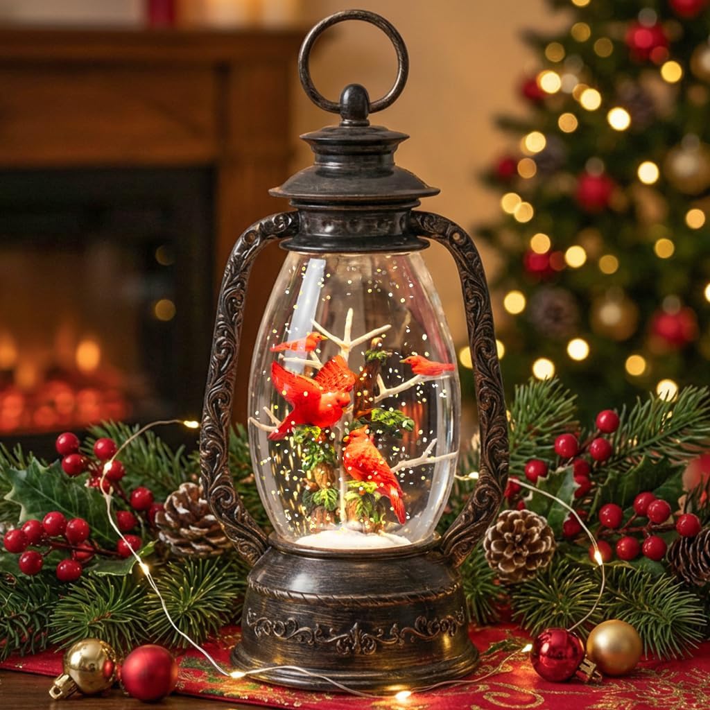 12" Christmas Snow Globe Lantern, Red Bird Music Box, Spinning Snowflake Glitter Water Lamp, USB and Battery Powered Christmas Decoration