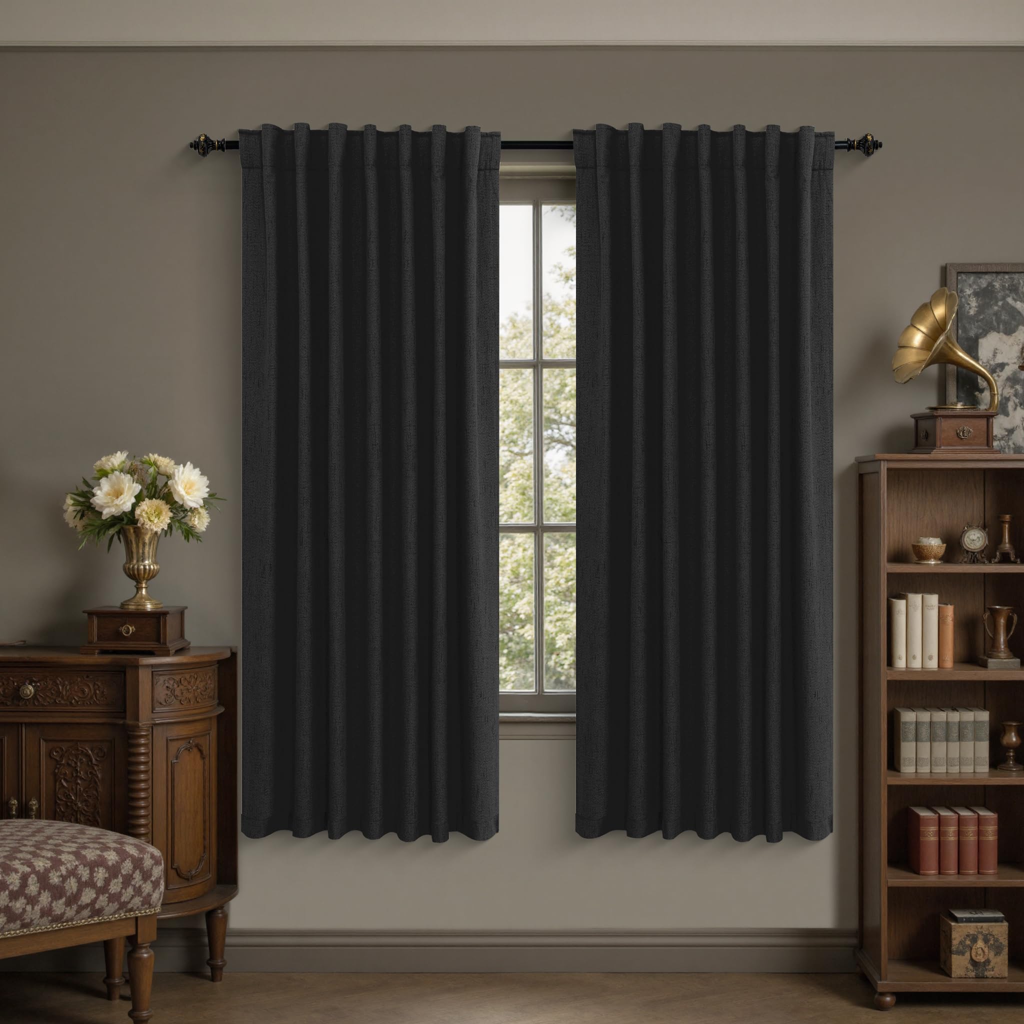 KOUFALL Black Out Curtains 72 Inch Long x 52 Inch Wide,Back Tab Linen Blackout No Light Gothic Curtains for Living Room Bedroom Livingroom — image 1