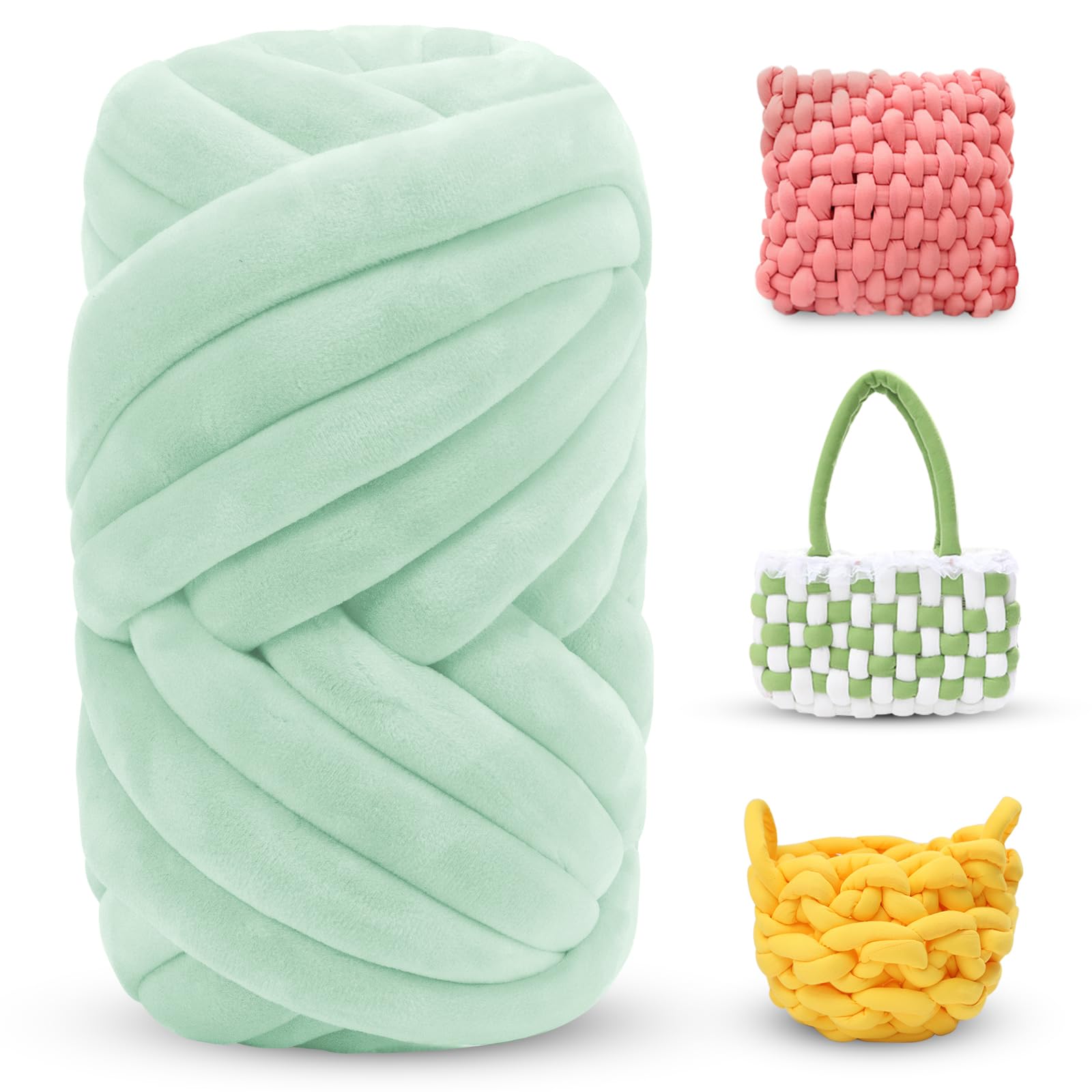 LEREATI Thick Chunky Yarn for Arm Knitting Jumbo Tube Yarn Soft Chunky Knit Blanket Yarn, Velvet Yarn for Crocheting Handbags Hand Knitting Pet Bed Rugs Pillows Crafts (250g, Light Green)