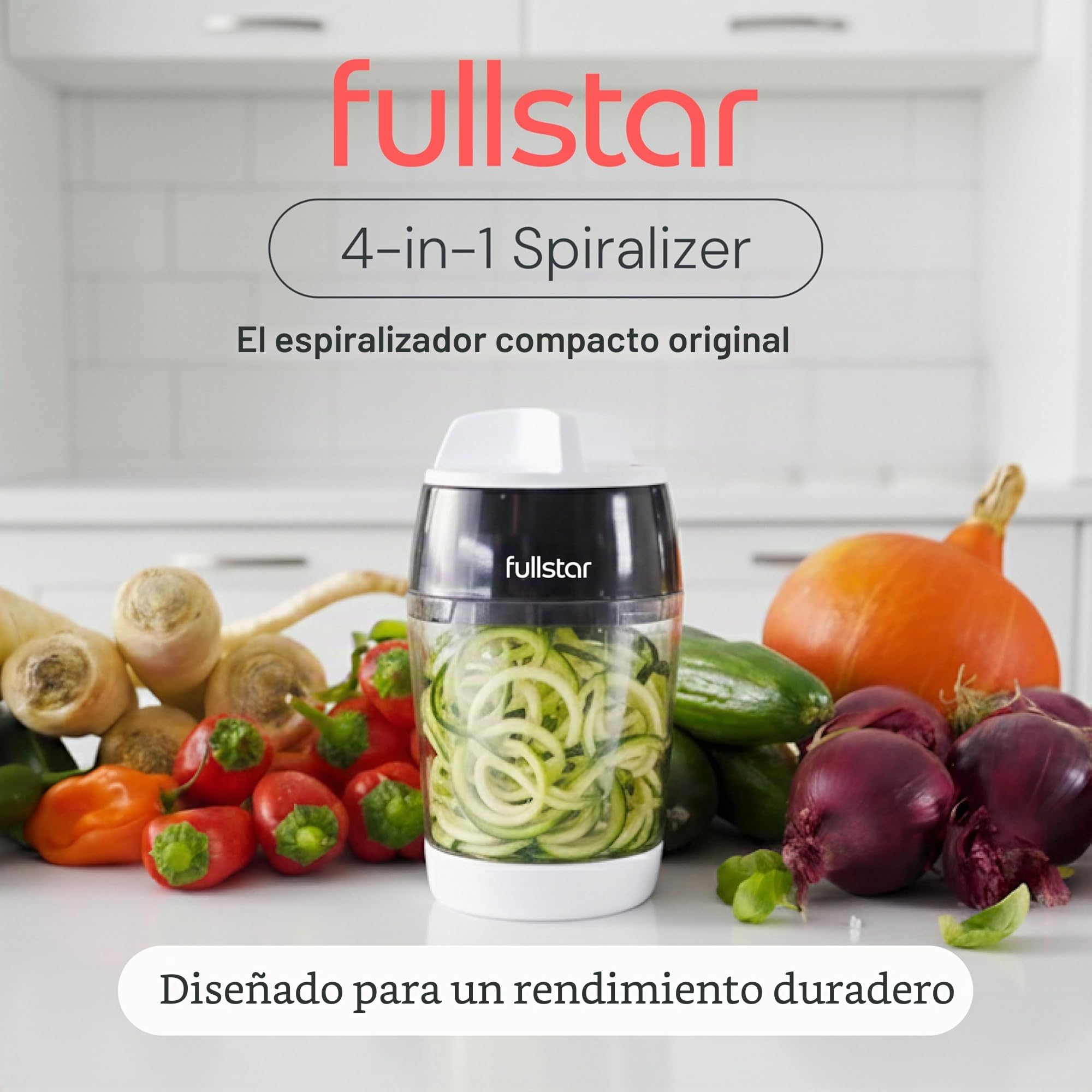 Fullstar - Cortador de verduras en espiral, 4 opciones para diferentes cortes, perfecto para espaguetis de calabacín, con recipiente contenedor
