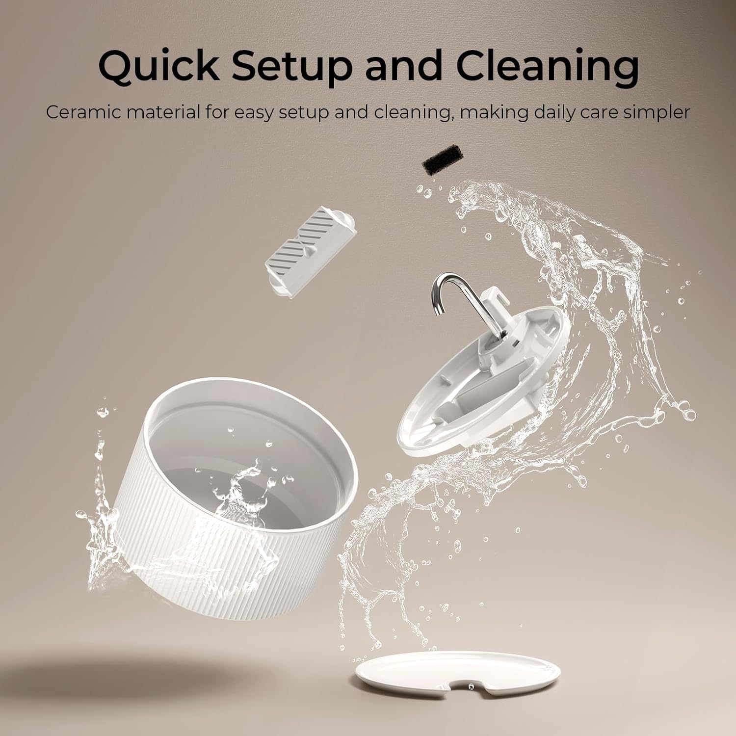 Fuente de cerámica para gatos, 2,2 l/74 onzas para gatos, dispensador automático de agua para mascotas con bomba ultrasilenciosa y 3 filtros de repuesto