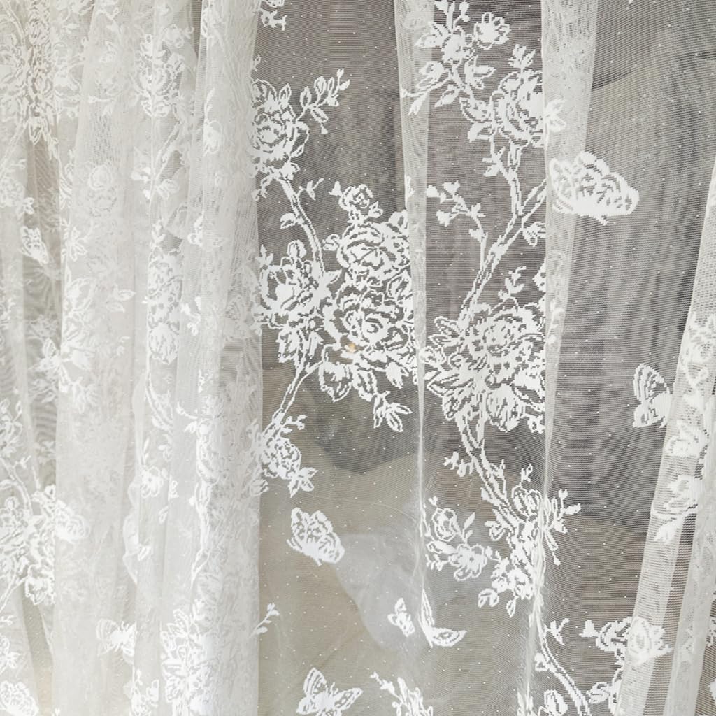 Elegant Lace Princess 4-Poster Bed Canopy Romantic Mosquito Net for Wedding Bridal Bedroom Decor, Kids Room Bed Curtain with Top Cover for Women Adults (White-1, 59" W x 78" L)